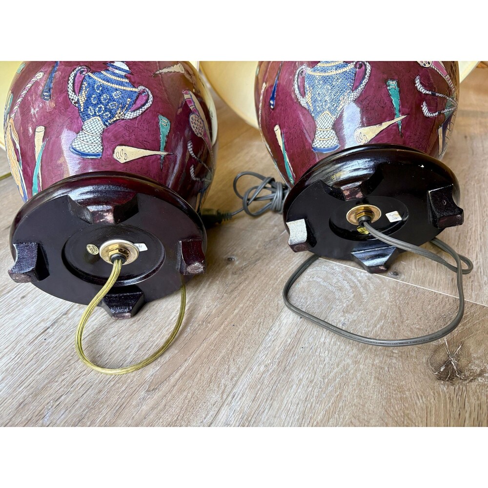 Vintage Golf Table Lamps Pair Burgundy Ceramic Golfer Lamp Country Club Decor - Picture 9 of 14